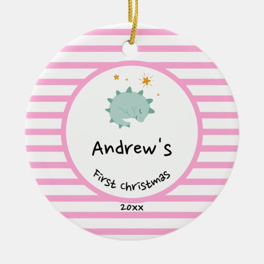 ブルーベビーディノ |初めてのクリスマスピンクストライプシック セラミックオーナメント (正面)