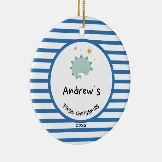 ブルーベビーディノ |初めてのクリスマスブルーストライプシック セラミックオーナメント (右)