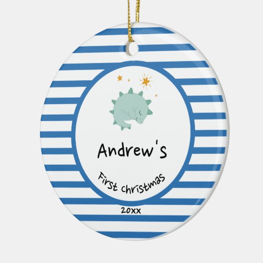 ブルーベビーディノ |初めてのクリスマスブルーストライプシック セラミックオーナメント (左)