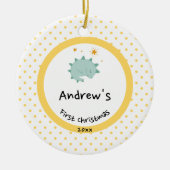 ブルーベビーディノ |初めてのクリスマス黄水玉模様 セラミックオーナメント (正面)