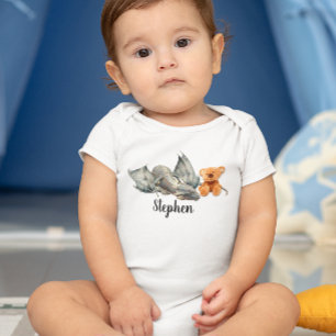 ブルーベビードラゴンとテディベア ベビーボディスーツ