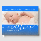 ブルーベビーフォトバプテスマ《キリスト教》洗礼式や命名式クロスグリッター ゲストブック (正面)