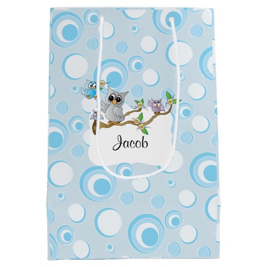 ブルーベビーフクロウベビーシャワー ミディアムペーパーバッグ (裏面)