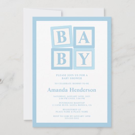 ブルーベビーブロックボーイベビーシャワー 招待状 (正面)