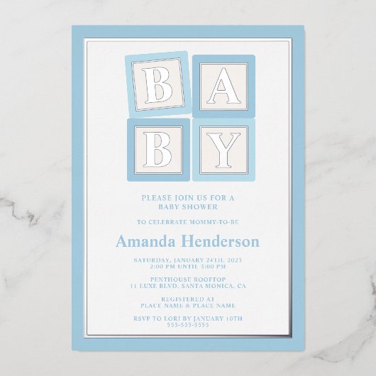ブルーベビーブロックボーイベビーシャワー 箔招待状 (正面)
