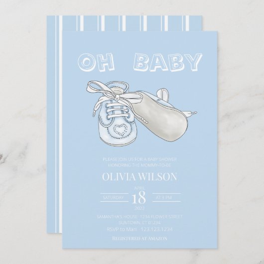 ブルーベビーブーティ水彩ベビーシャワー招待状 招待状 (正面/裏面)