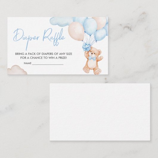 ブルーベビーベアーバルーンベビーシャワーおむつラッフル エンクロージャーカード (正面/裏面)