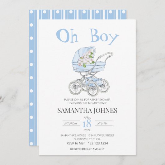 ブルーベビーベビーカー花ベビーシャワー招待 招待状 (正面/裏面)
