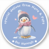 ブルーベビーペンギン子供へクリスマスギフトラベル シール (正面)