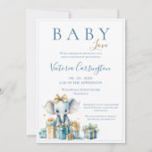 ブルーベビーラブエレファントウォーター色ベビーシャワー 招待状 (正面)