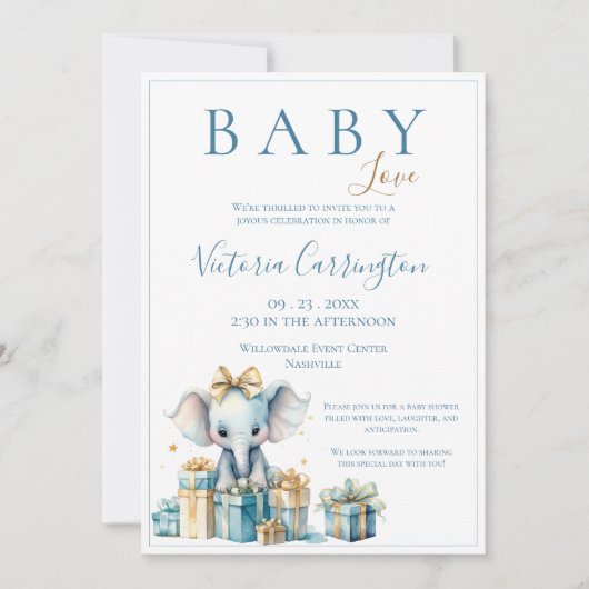 ブルーベビーラブエレファントウォーター色ベビーシャワー 招待状 (正面)