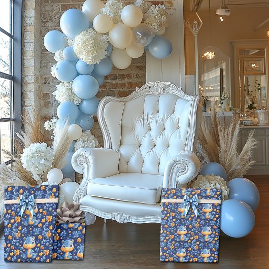 ブルーベビー恐竜イエロー&ブルーの花 ラッピングペーパー