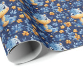 ブルーベビー恐竜イエロー&ブルーの花 ラッピングペーパー (ロールコーナー)