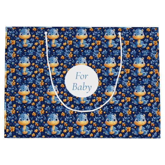 ブルーベビー恐竜イエロー&ブルーの花 ラージペーパーバッグ (正面)