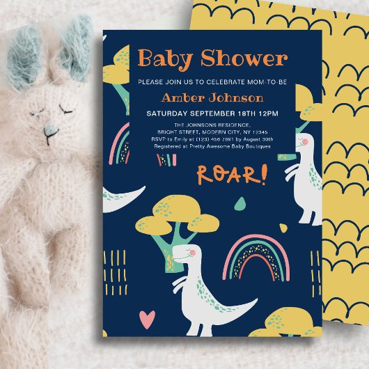 ブルーベビー恐竜レインボーカワイベビーシャワー 招待状