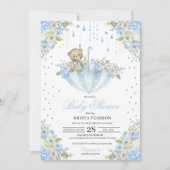 ブルーベビー散水傘テディベア赤ちゃんシャワー 招待状 (正面)