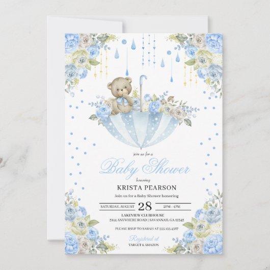 ブルーベビー散水傘テディベア赤ちゃんシャワー 招待状 (正面)