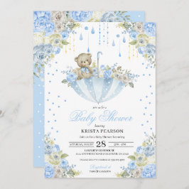 ブルーベビー散水傘テディベア赤ちゃんシャワー 招待状