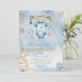 ブルーベビー服の冬それは男の子の赤ちゃんシャワー 招待状 (スタンド正面)