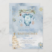 ブルーベビー服の冬それは男の子の赤ちゃんシャワー 招待状 (正面/裏面)