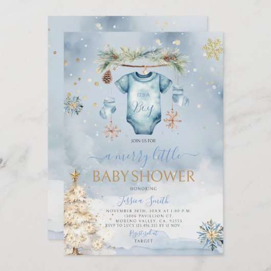 ブルーベビー服の冬それは男の子の赤ちゃんシャワー 招待状 (正面/裏面)
