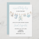 ブルーベビー服ボーイベビーシャワー 招待状 (正面/裏面)