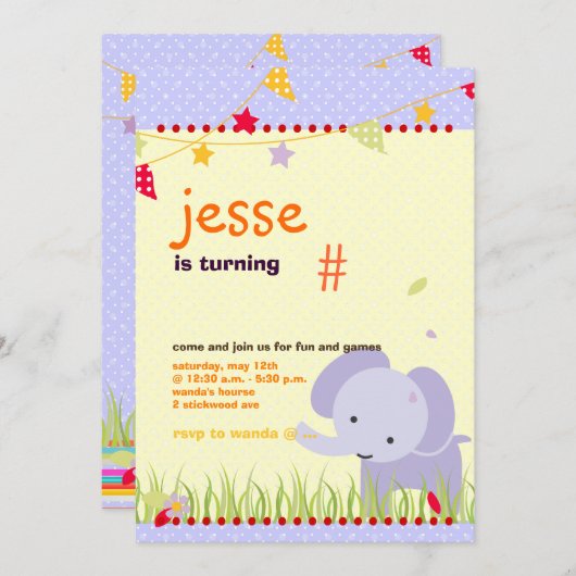ブルーベビー象パーソナライズされたパーティー 招待状 (正面/裏面)