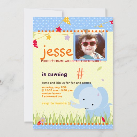 ブルーベビー象パーソナライズされたパーティー 招待状 (正面)