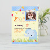 ブルーベビー象パーソナライズされたパーティー 招待状 (スタンド正面)