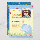 ブルーベビー象パーソナライズされたパーティー 招待状 (正面/裏面)