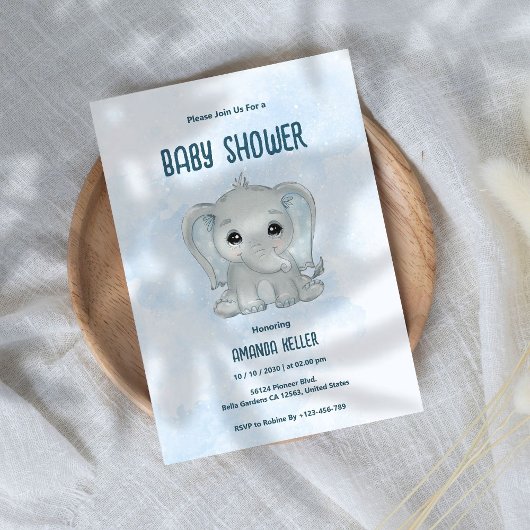 ブルーベビー象ベビーシャワー招待状 招待状