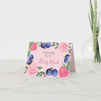 ブルーベリーとイチゴのフレームとピンクのバラ サンキューカード