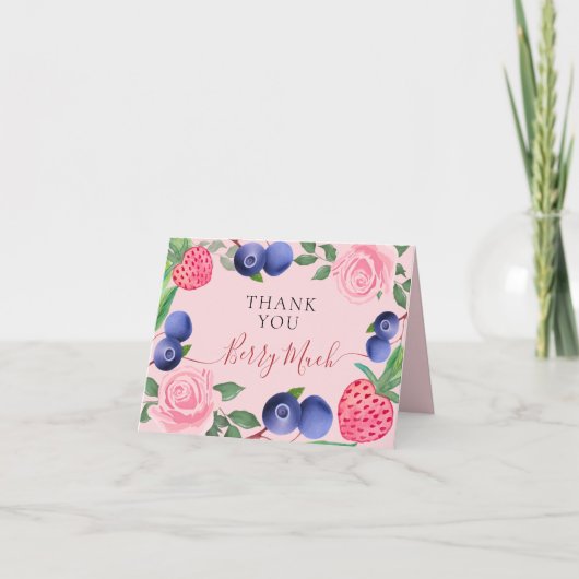 ブルーベリーとイチゴのフレームとピンクのバラ サンキューカード (正面)