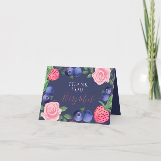 ブルーベリーとイチゴのフレームとピンクのバラ サンキューカード (正面)