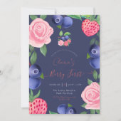 ブルーベリーとイチゴのフレームとピンクのバラ 招待状 (正面)