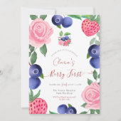ブルーベリーとイチゴのフレームとピンクのバラ 招待状 (正面)