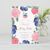 ブルーベリーとイチゴのフレームとピンクのバラ 招待状 (スタンド正面)