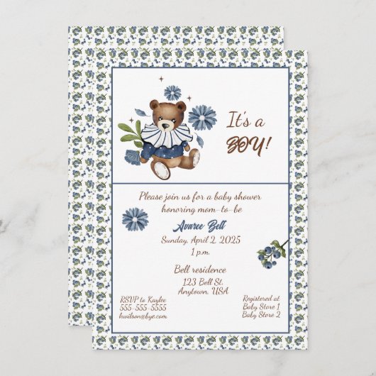 ブルーベリーとテディベアそれは男の子だ!シャワー 招待状 (正面/裏面)