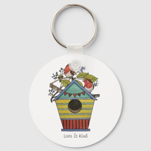ブルーベリーとバードハウスを備えたロビンズ キーホルダー (正面)