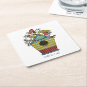 ブルーベリーとバードハウスを備えたロビンズ スクエアペーパーコースター (アングル)