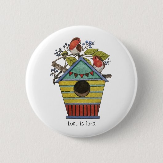 ブルーベリーとバードハウスを備えたロビンズ 缶バッジ (正面)