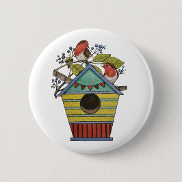 ブルーベリーとバードハウスを備えたロビンズ 缶バッジ