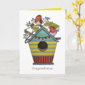 ブルーベリーとバードハウスアートを持つロビン カード (黄色い花)