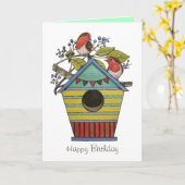 ブルーベリーとバードハウスアート付きロビンズ カード (黄色い花)