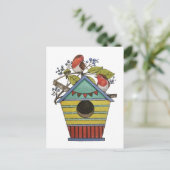 ブルーベリーとバードハウスアート付きロビンズ ポストカード (スタンド正面)