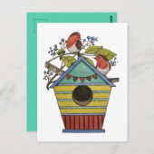 ブルーベリーとバードハウスアート付きロビンズ ポストカード (正面/裏面)