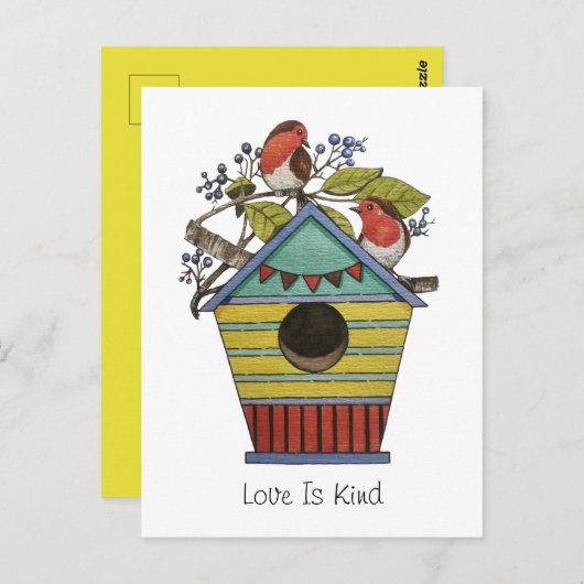 ブルーベリーとバードハウスアート付きロビンズ ポストカード (正面/裏面)