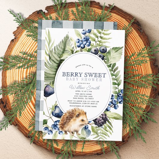 ブルーベリーとヘッジホッグベリースウィートボーイベビーシャワー 招待状