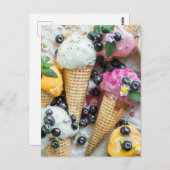 ブルーベリーと花の入ったアイスクリーム ポストカード (正面/裏面)