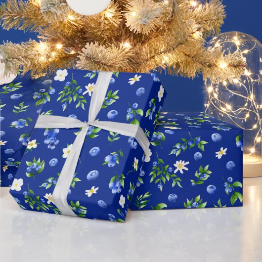 ブルーベリーと葉の模様 ラッピングペーパー (クリスマス)